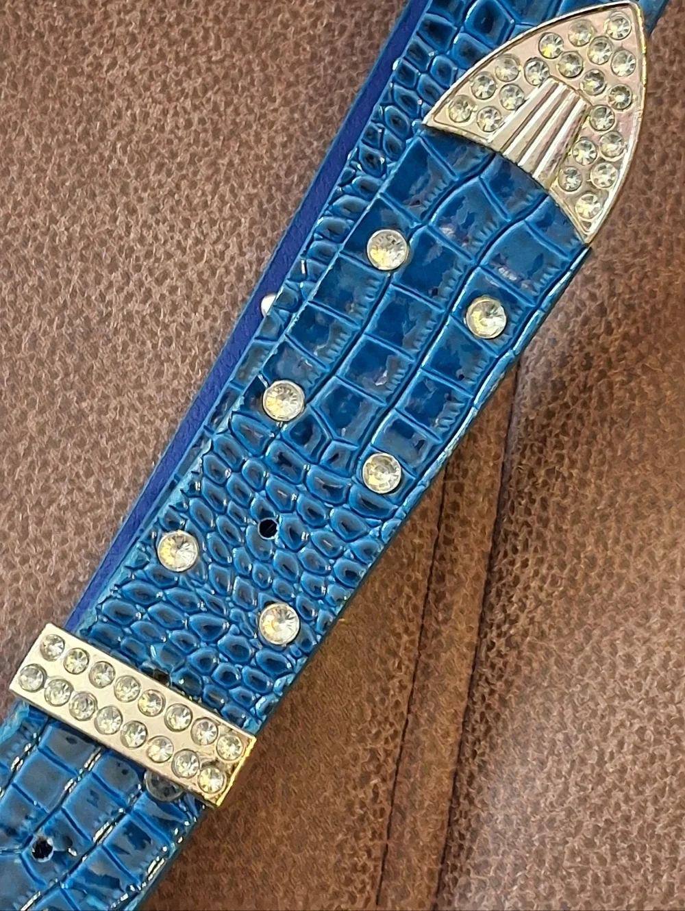Blue Croc-Embossed Faux Leather Rhinestone Western Belt 33 To 38 Inches